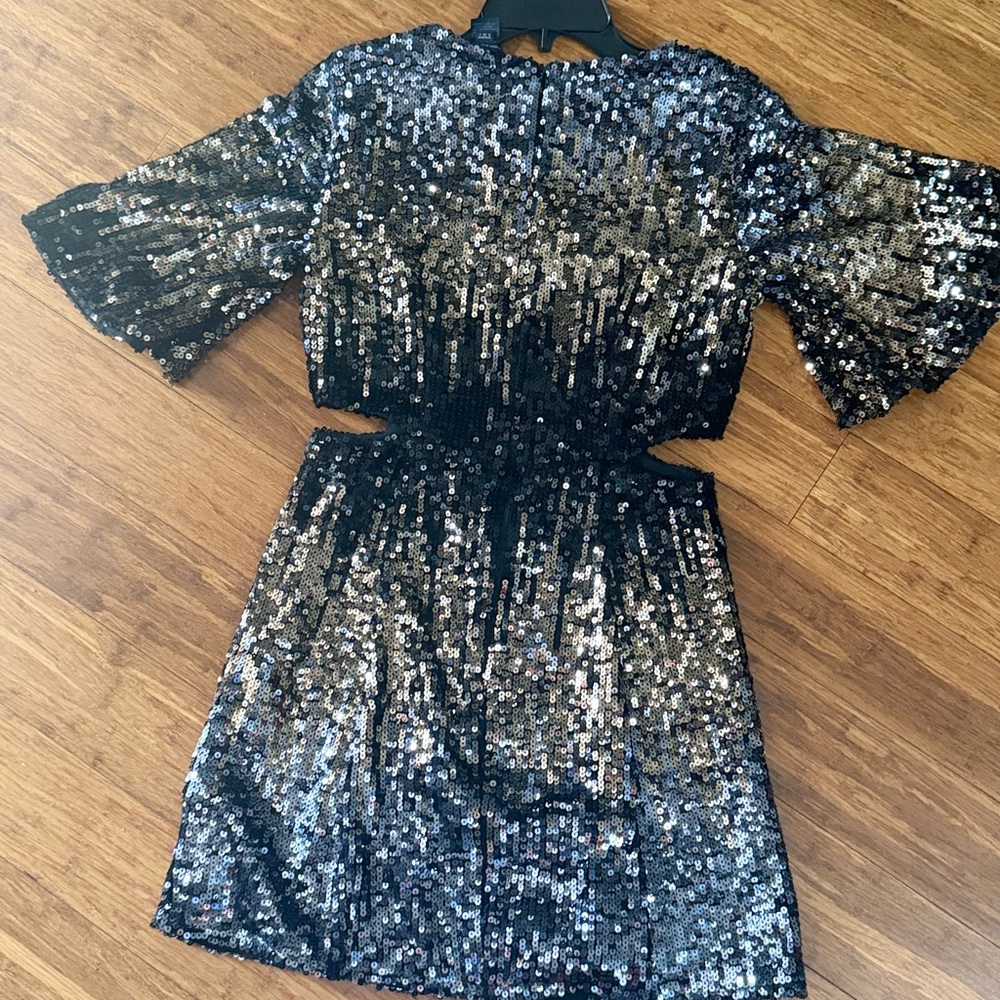 French Connection Black Silver Sequin Mini Dress